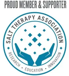 Salt Therapy Association logo, hands and salt crystals motif.