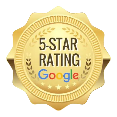 5-star rating badge with gold seal design.