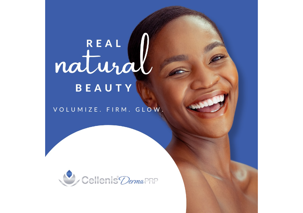 Smiling woman promoting natural beauty skincare.