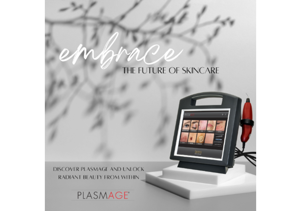 Plasmage skincare device with skin treatment display.