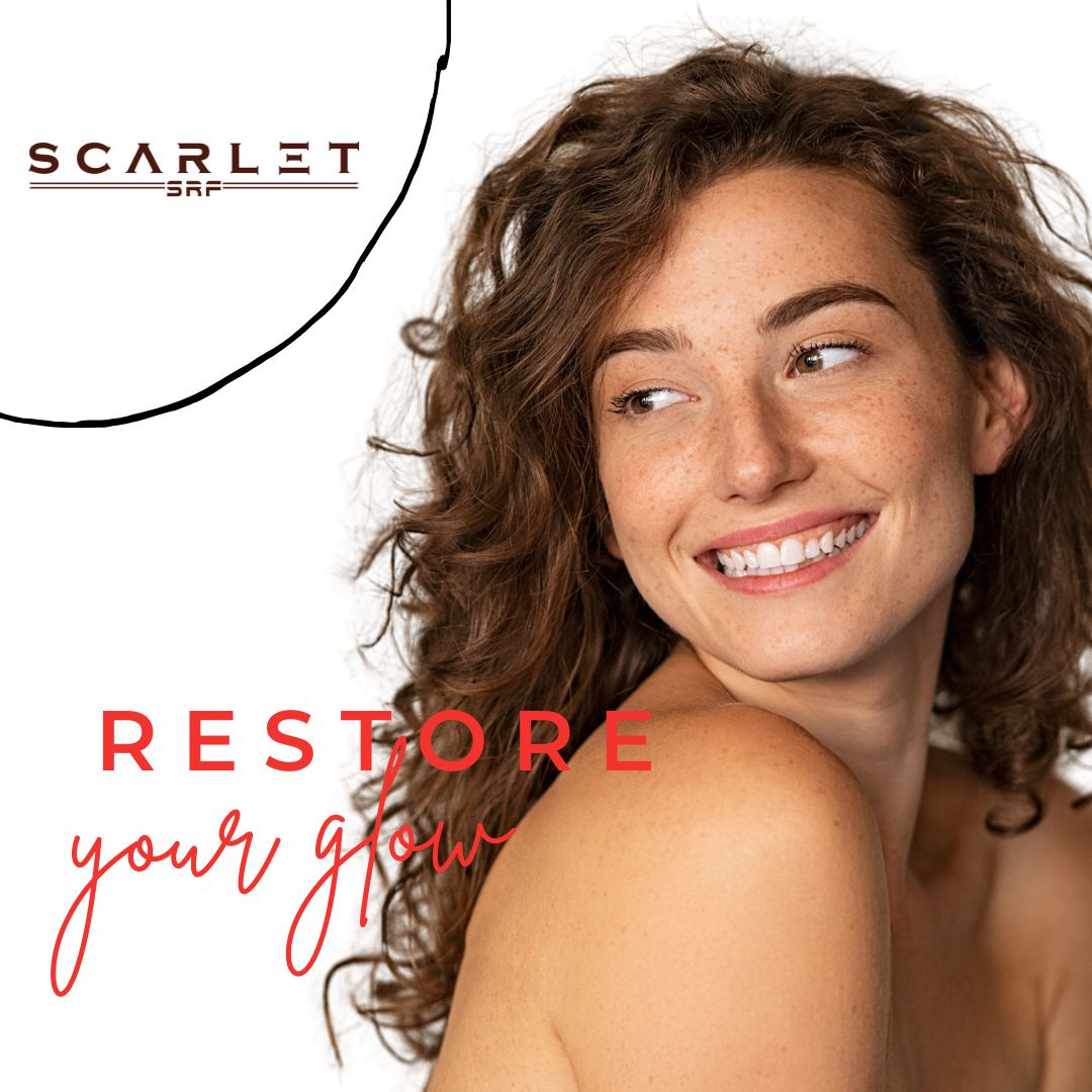 Smiling woman with curly hair promotes skincare glow.