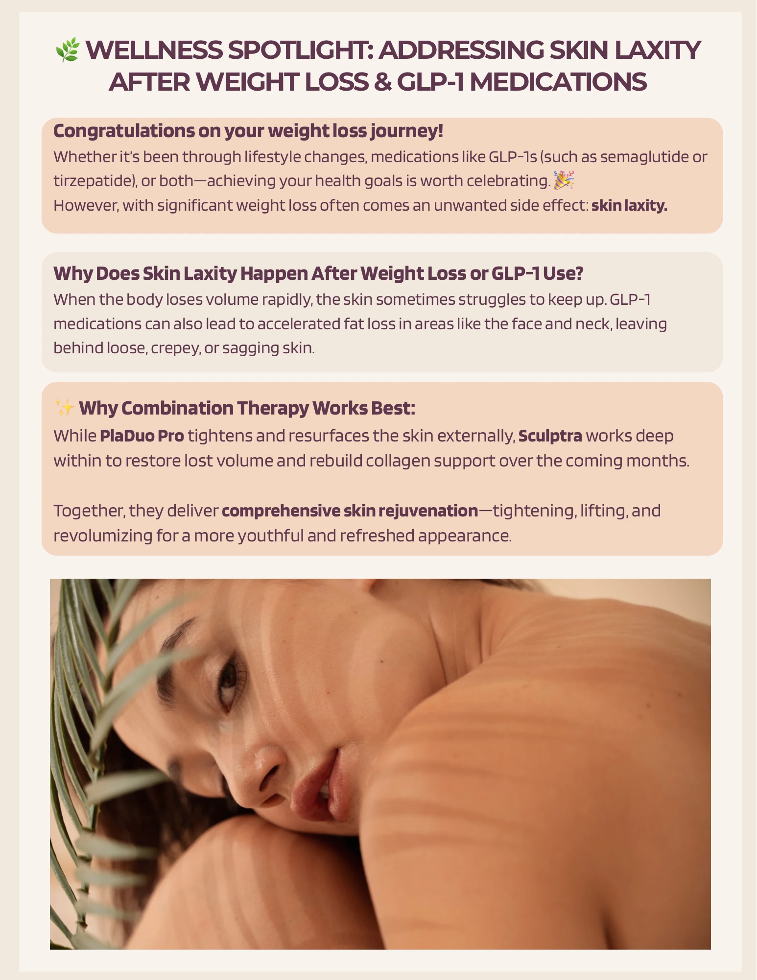 A woman with clear skin surrounded by palm leaves.