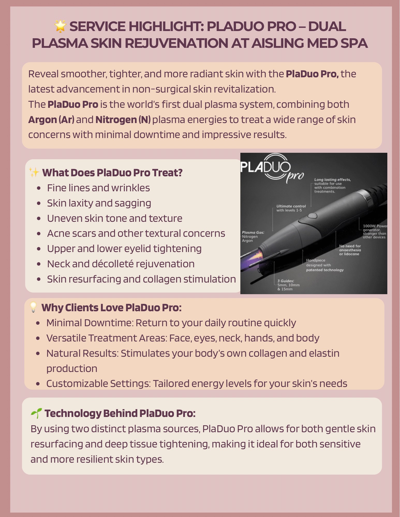 PlaDuo Pro device illustration with text about dual plasma skin rejuvenation.
