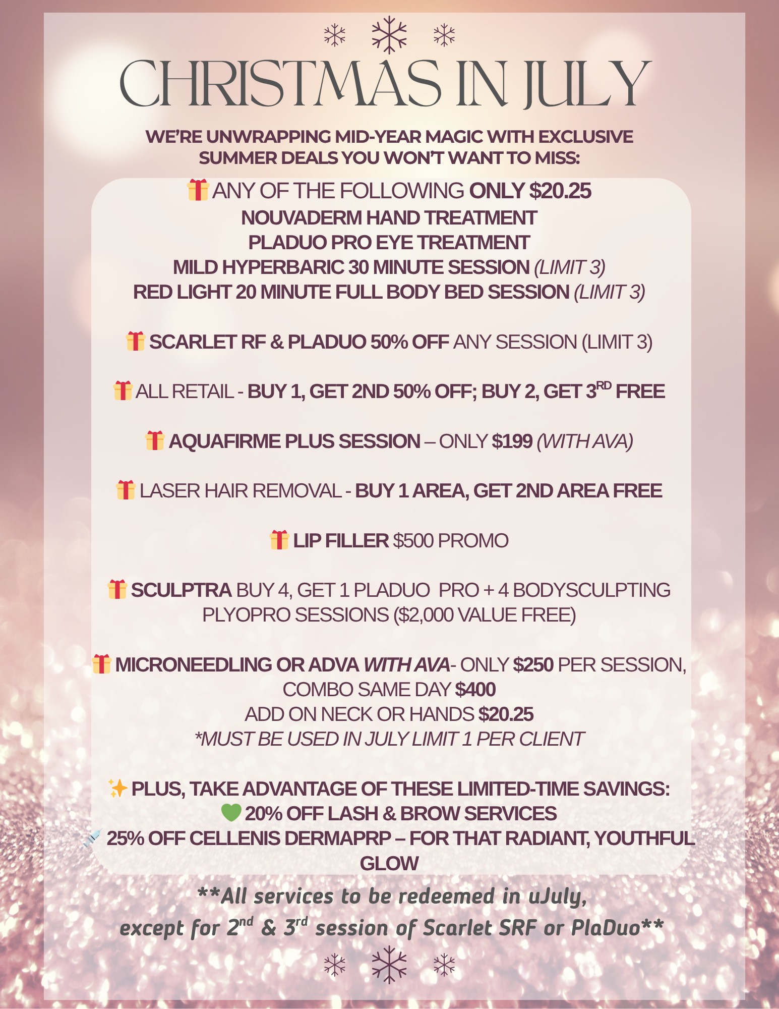 Christmas in July promotional beauty treatment offers and discounts.