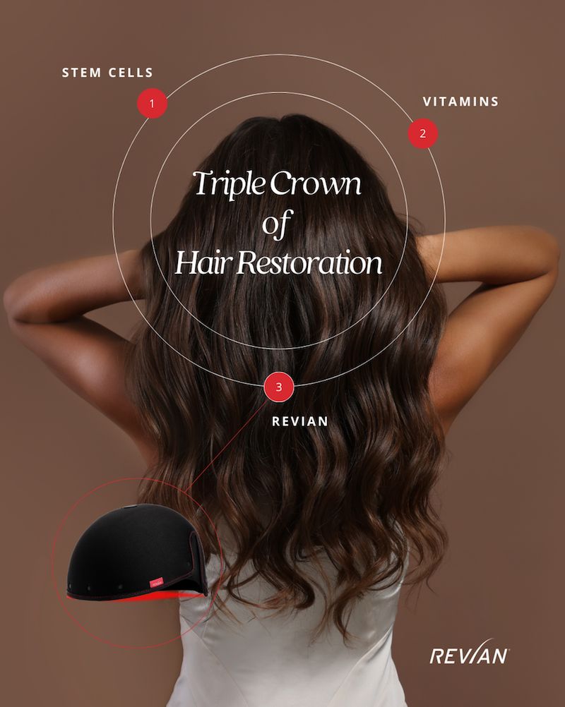 Hair restoration concept featuring glowing Revian hair growth device.