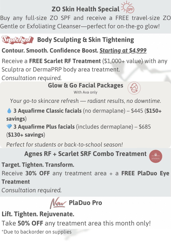 Skin treatment specials with facial and body sculpting offers.