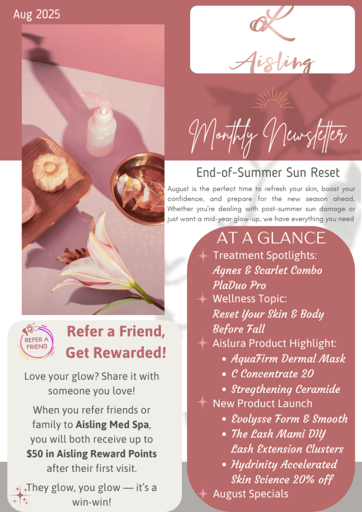 August newsletter promoting spa offers and referral rewards.