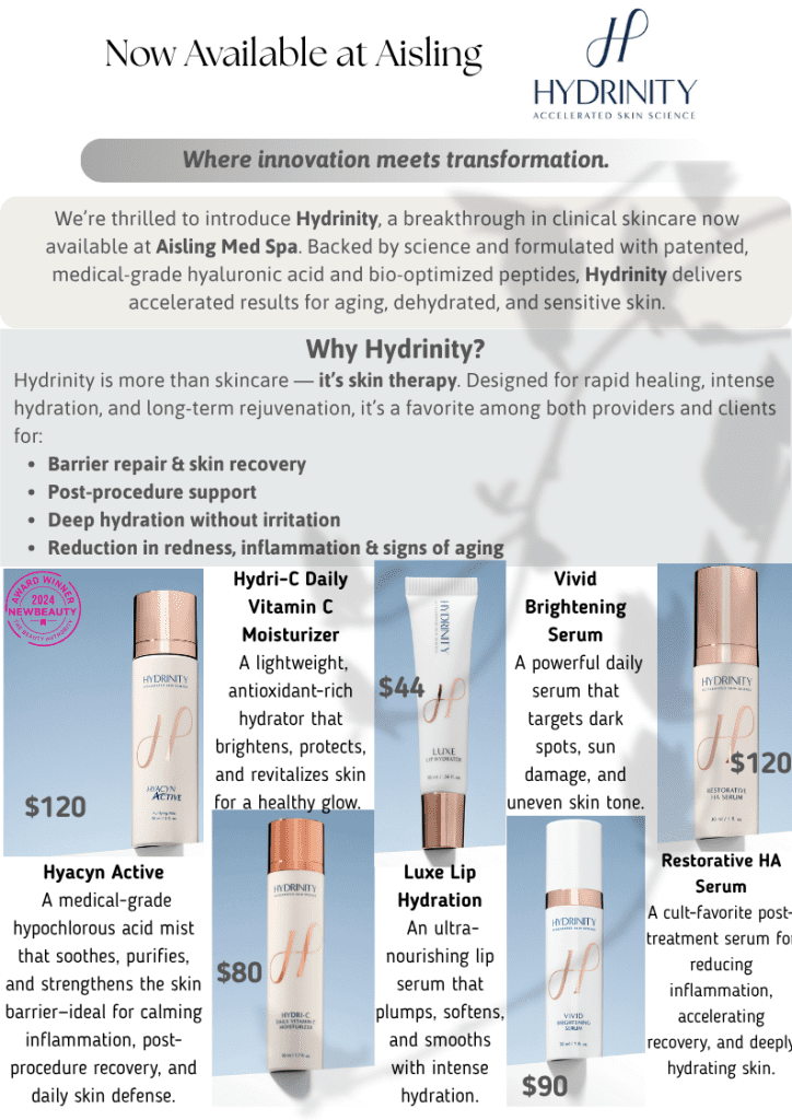 Hydrinity skincare products with features and prices.