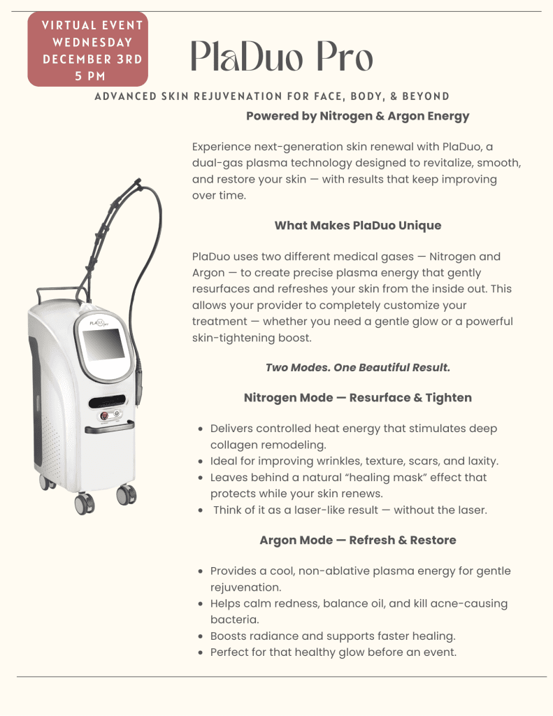 PlaDuo Pro device for skin rejuvenation shown with details on its nitrogen and argon modes.