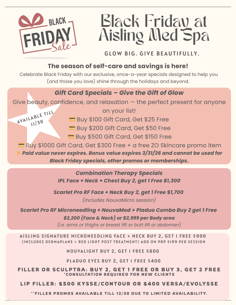 Black Friday spa offers: gift card bonuses, combination therapy discounts.