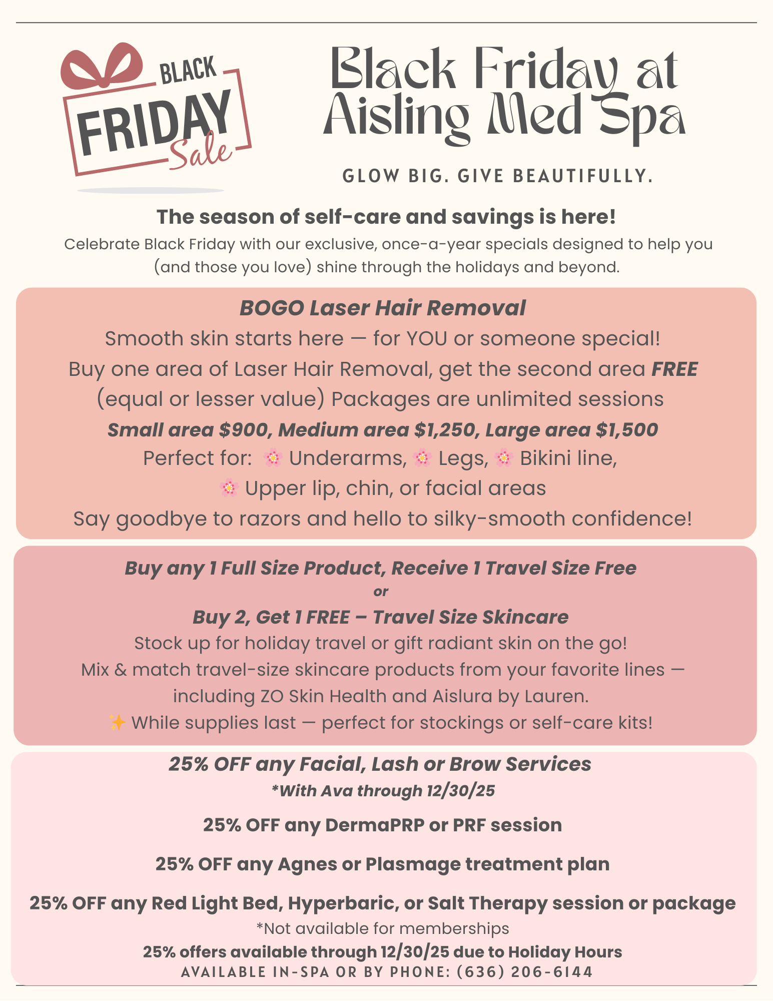 Black Friday spa promotions featuring discounts on laser hair removal and skincare products.